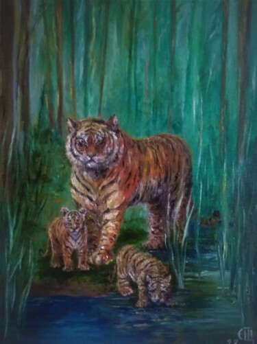 Peinture à l'huile originale "Famille Tigre". 「Peinture à l'huile…」というタイトルの絵画 Sergiy Tsymbalovによって, オリジナルのアートワーク, オイル