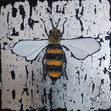 Silver bee hand made original insect painting bee gift Painting titled "Silver bee hand mad…" by Cornelia Margan, Original Artwork, Oil Mounted on Wood Stretcher frame
