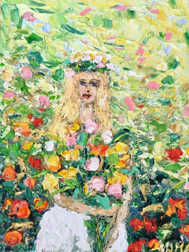 Girl With Flowers Impasto Oil Painting On Canvas 제목이 "Girl With Flowers I…"인 미술작품 Vilma Gataveckiene로, 원작, 기름