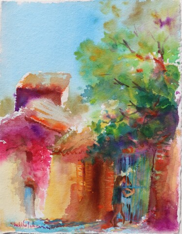 Jeunes femmes, après midi d'été dans un village du Var. Peinture intitulée "Jeunes femmes, aprè…" par Michel Charrier, Œuvre d'art originale, Aquarelle