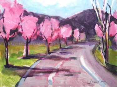 Painting titled "Almond blossom fest…" by Olga David, Original Artwork, Acrylic Mounted on Cardboard
