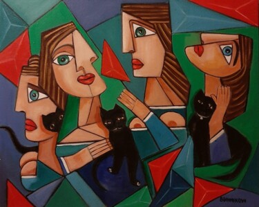 Schilderij getiteld "Femmes et chats" door Olena Blinnikova, Origineel Kunstwerk, Olie Gemonteerd op Frame voor houten branc…