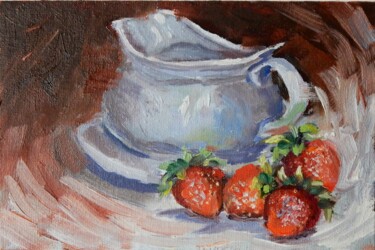 Strawberries still life painting. Painting titled "Strawberries still…" by Vita Schagen, Original Artwork, Oil Mounted on Wood Panel