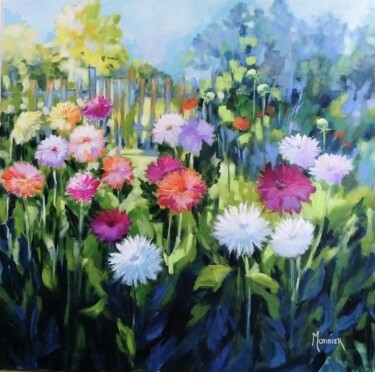 Peinture intitulée "Dahlias au jardin II" par Cathy Monnier, Œuvre d'art originale, Acrylique Monté sur Châssis en bois