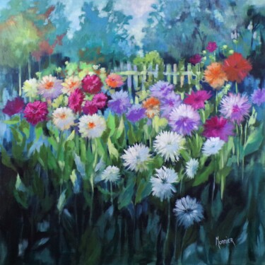 Peinture intitulée "Dahlias au Jardin 1…" par Cathy Monnier, Œuvre d'art originale, Acrylique Monté sur Châssis en bois