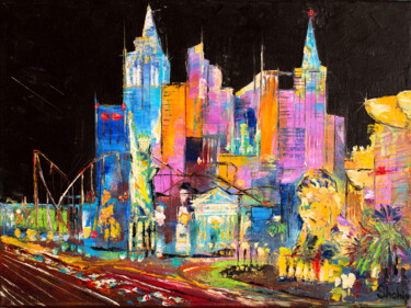 「Las Vegas Cityscape」というタイトルの絵画 Natalia Shchipakinaによって, オリジナルのアートワーク, オイル ウッドストレッチャーフレームにマウント