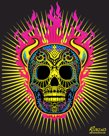 绘画 标题为“Flaming Skull” 由Tony Rubino, 原创艺术品, 丙烯 安装在木质担架架上
