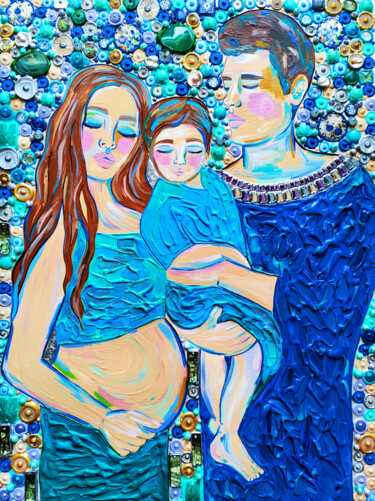 Family portrait painting. Father, mother, son. Mosaic art Pittura intitolato "Family portrait pai…" da Bast, Opera d'arte originale, Acrilico Montato su Telaio per barella in legno