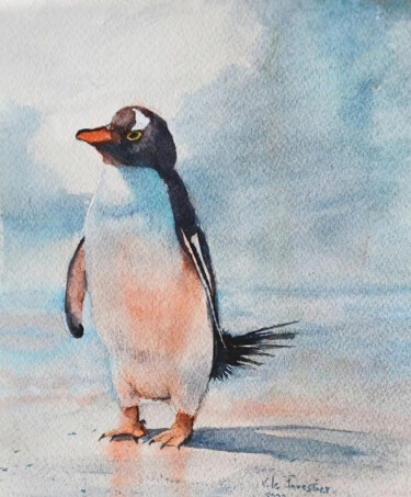Painting titled "Manchot" by Véronique Le Forestier, Original Artwork, Watercolor