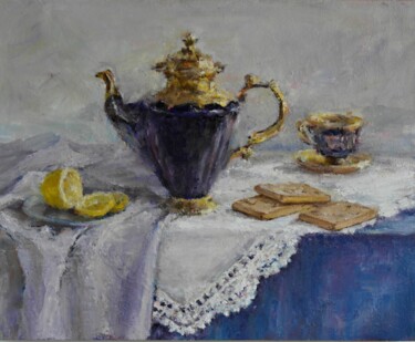 Натюрморт "Чай с печеньем и лимоном " Painting titled "Натюрморт "Чай с пе…" by Larisa Korznikova, Original Artwork, Oil