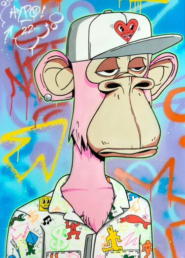 Bored Ape Yatch Club x Keith Haring Pittura intitolato "Bored Ape Yatch Clu…" da Alessio Hassan Alì (Hipo), Opera d'arte originale, Spray Montato su Telaio per…