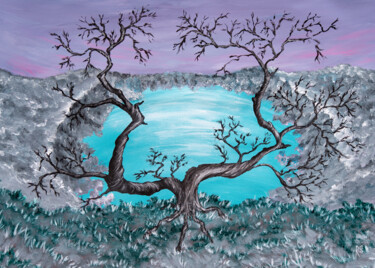 BREATH IN THE AIR, lonely tree, branches, volcano lake, teal Painting titled "BREATH IN THE AIR,…" by Rimma Savina, Original Artwork, Acrylic Mounted on Wood Stretcher frame