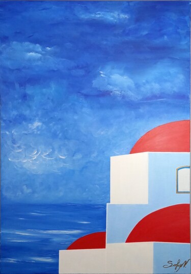 Painting titled "Red Domes in Santor…" by Sofia Nikolaou, Original Artwork, Acrylic