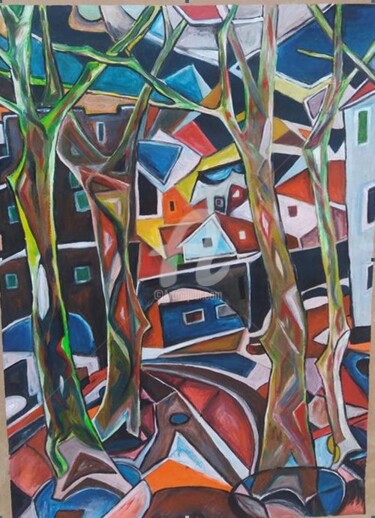 Peinture intitulée "les arbres lumineux" par Ahmed Zaibi, Œuvre d'art originale, Acrylique Monté sur Verre