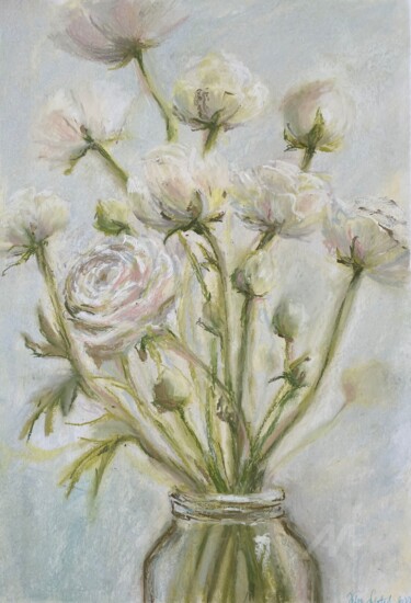Drawing titled "White ranunculus" by Julia Suptel, Original Artwork, Pastel
