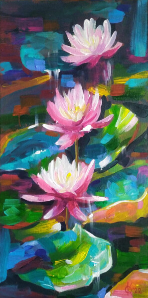 Water lilies on the pond 绘画 标题为“Water lilies on the…” 由Olha Komisaryk (OK), 原创艺术品, 丙烯