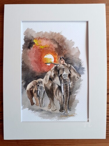 Peinture intitulée "Aquarelle éléphants" par Florence Mignot, Œuvre d'art originale, Aquarelle