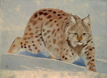 Peinture à l'huile sur toile originale de Lynx boréal Peinture intitulée "Peinture à l'huile…" par Isabelle Redonnet, Œuvre d'art originale, Huile Monté sur Châssis en bois