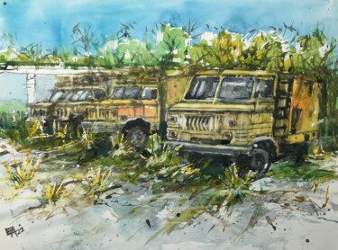 绘画 标题为“Les vieux camions” 由Emilian Alexianu, 原创艺术品, 水彩