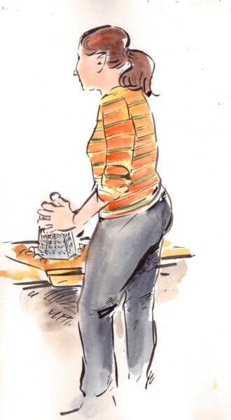 Painting titled "In the kitchen" by Rudolf Suran, Original Artwork, Watercolor