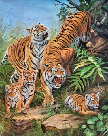 绘画 标题为“Tiger Family” 由Mujiono, 原创艺术品, 油