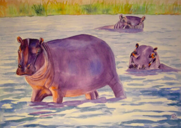 Aquarelle originale et unique: hippopotames amphibies Peinture intitulée "Aquarelle originale…" par Isabelle Redonnet, Œuvre d'art originale, Aquarelle