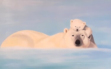 Painting titled "MAMAN OURSE POLAIRE" by Cécile Delaveau, Original Artwork, Oil Mounted on Wood Stretcher frame
