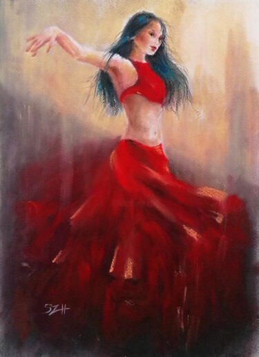 绘画 标题为“Dancer in a red dre…” 由Susana Zarate Harris, 原创艺术品, 粉彩