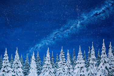 WINTER FIR TREES, 20x30 cm, snowy forest, blue, milky way Peinture intitulée "WINTER FIR TREES, 2…" par Rimma Savina, Œuvre d'art originale, Acrylique Monté sur Carton