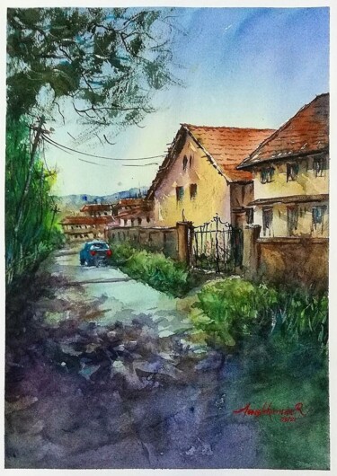 Painting titled "The Yellow House of…" by Anishkumar R Anjumoorthy, Original Artwork, Watercolor