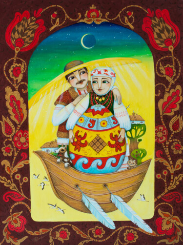 Ukrainian family boat in flow love Print 绘画 标题为“Ukrainian family bo…” 由Aleksandra Paranchenko, 原创艺术品, 丙烯