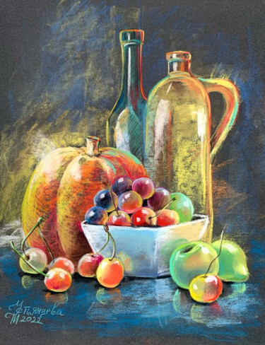 bottles and fruits pastel painting 绘画 标题为“bottles and fruits…” 由Tatyana Ustyantseva, 原创艺术品, 粉彩