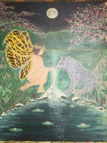 Schilderij getiteld "Fée et loup sous la…" door Bruno Crovi, Origineel Kunstwerk, Acryl