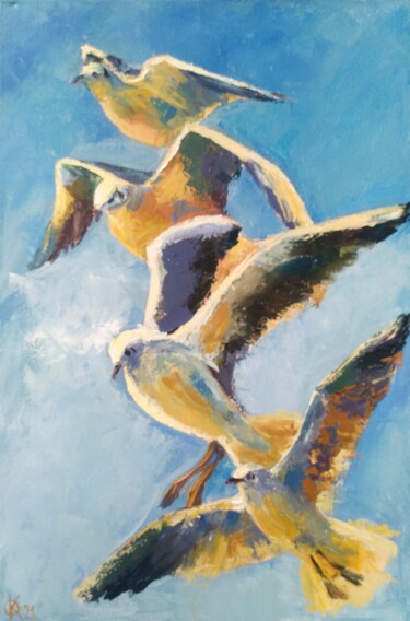 Flying seagulls in blue sky Painting titled "Flying seagulls in…" by Olha Komisaryk (OK), Original Artwork, Oil