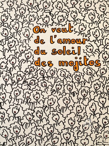 Drawing titled "On veut de l’amour…" by Caroline Montigneaux, Original Artwork, Marker Mounted on Wood Stretcher frame