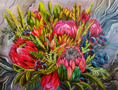 Flowers for your beloved. Bouquet with proteas and berries. Peinture intitulée "Flowers for your be…" par Julia Crystal, Œuvre d'art originale, Huile