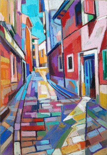 Red house in a stone street "Red house in a ston…" başlıklı Resim Maja Djokic Mihajlovic tarafından, Orijinal sanat, Pastel