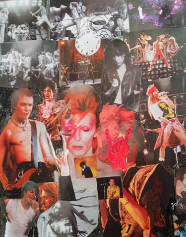 Collages getiteld "Les légendes du rock" door Pulsart, Origineel Kunstwerk, Collages Gemonteerd op Frame voor houten brancard