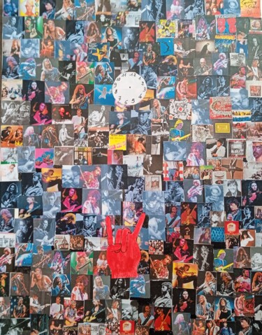 Collages getiteld "Légendes des rockers" door Pulsart, Origineel Kunstwerk, Collages Gemonteerd op Frame voor houten brancard