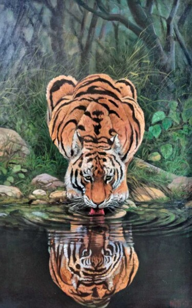 绘画 标题为“Thirsty Tiger” 由Mujiono, 原创艺术品, 油