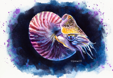Nautilus in ocean waters. Watercolor painting. 绘画 标题为“Nautilus in ocean w…” 由Виктория Гаман, 原创艺术品, 水彩