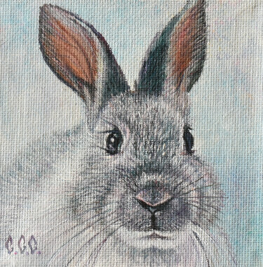 Gray bunny, easter" in a frame 「Gray bunny, easter"…」というタイトルの絵画 Sergey Suslovによって, オリジナルのアートワーク, オイル 段ボールにマウント