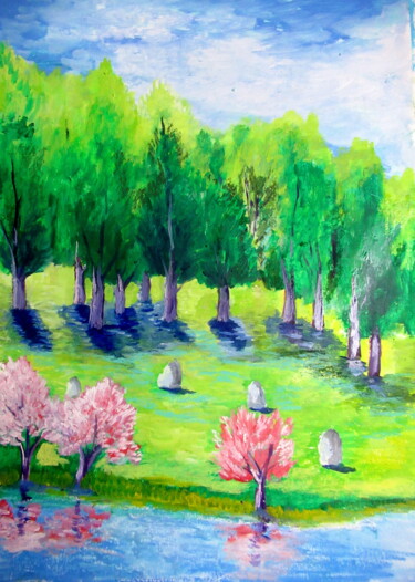 「des pruniers en fle…」というタイトルの絵画 Ludovic Catryによって, オリジナルのアートワーク, オイル