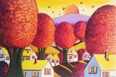 Soirée d'automne Peinture intitulée "Soirée d'automne" par Sabrina Riggio, Œuvre d'art originale, Aquarelle