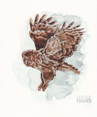 Peinture intitulée "GREAT GREY OWL" par Barake Sculptor, Œuvre d'art originale, Encre