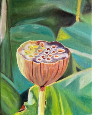 Schilderij getiteld "Cœur de lotus" door Karine Dessans, Origineel Kunstwerk, Olie Gemonteerd op Frame voor houten brancard