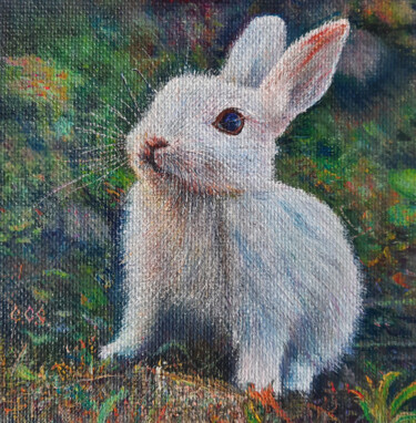 Rabbit in the meadow, easter" in a frame 绘画 标题为“Rabbit in the meado…” 由Sergey Suslov, 原创艺术品, 油 安装在纸板上