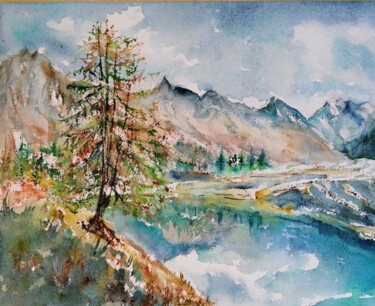 Painting titled "le lac bleu, en aut…" by Catherine Saint Fontaine, Original Artwork, Watercolor