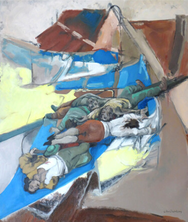 Le peuple assassiné, Boutcha, printemps 2022 Schilderij getiteld "Le peuple assassiné…" door Gilles Chambon, Origineel Kunstwerk, Olie Gemonteerd op Frame voor houten br…