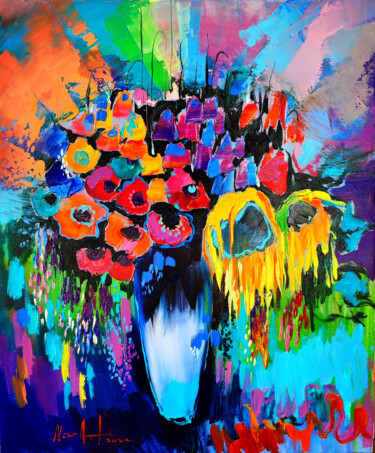 Pintura intitulada "Colorful poppies (5…" por Narek Jaghacpanyan, Obras de arte originais, Óleo Montado em Armação em madeira
